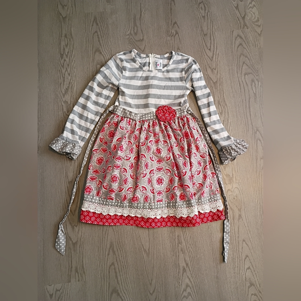 Counting Daisies Striped Gray and Red Floral Kids Cottage core Dress Size 12